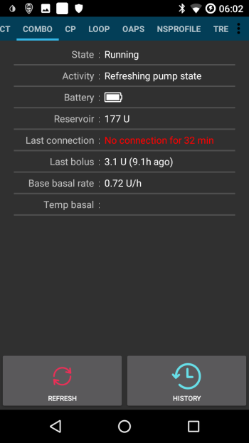 No connection to pump (as shown in the old driver's tab)
