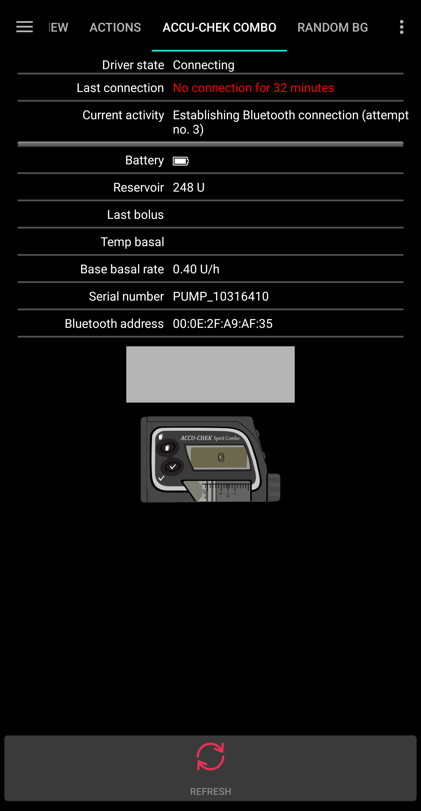 No connection to pump (as shown in the new driver's tab)